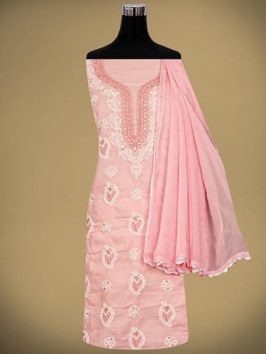 Ada Hand Embroidered Lucknowi Chikankari Unstitched Cotton Dress Material Suit Piece with Dupatta for Women with Muqaish Work 01A669328 Pink