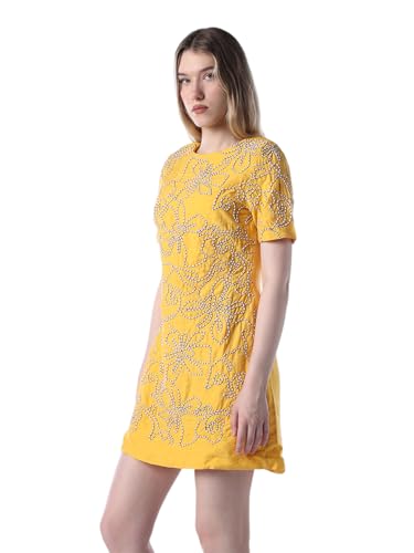 ONLY Women's Self Design Fit and Flare Yellow Dress