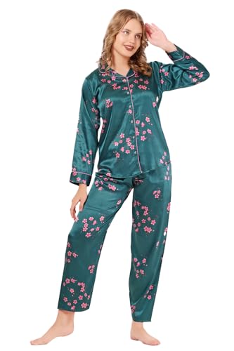 Kattly Women's Satin Solid Printed Pajama Set with Top & Pants | Night Suit Set | Full Length Sleepwear | Silky Satin Slipwear | Full Sleeve Nightwear (Plus Size, Peacock Blue, 2XL)