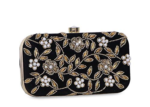 DUCHESS Women's Velvet Zari Zirkon Box Clutch Purse (Black)
