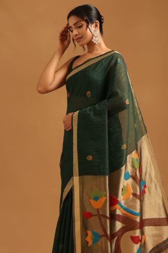 Soch Womens Green Organza Woven Design Saree
