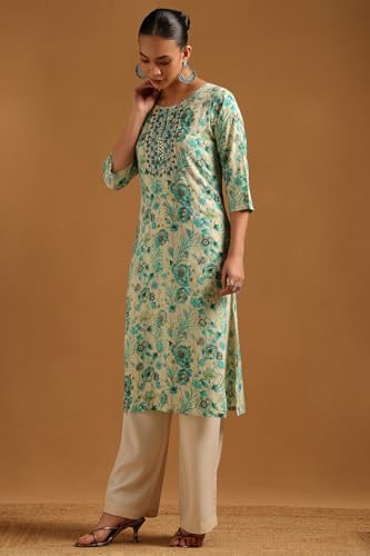 Soch Womens Off White Rayon Floral Print Kurta with Mirror Work