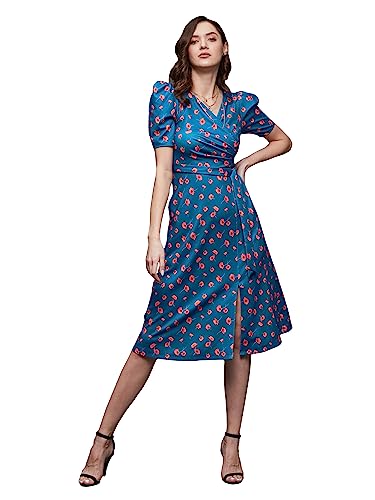 Miss Chase Women's V-Neck Pleated Puff Sleeve Floral Patterned Wrap with Pockets Midi Polyester Dress(MCSS23D98-53-163-06, Blue, XL)