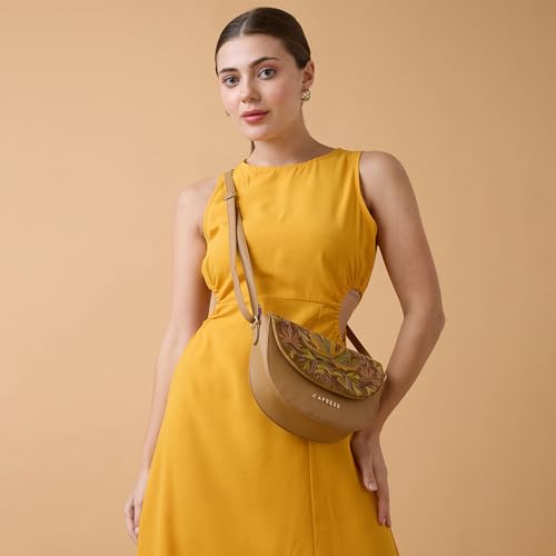 Caprese Siji Tresna Medium Crossbody Bag for Women with Adjustable Strap & Zip Closure | Kashida Velvet Embroidery Sling Bag | Stylish & Lightweight Bag for Daily Use, Travel & Casual Outings (Brown)