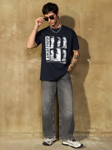The Souled Store Linkin Park: The Band Men and Boys Short Sleeves Round Neck Black Graphic Printed Casual Lightweight Drop Shoulder Streetwear Trendy Oversized T-Shirt