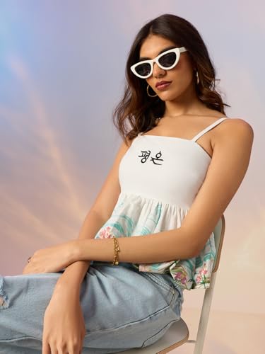The Souled Store Serene Women and Girls Sleeveless Square Neck White and Mint Floral Print Embroidered Cotton Regular Fit Lightweight Breathable All-Season Comfortable Peplum Top