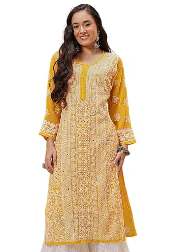 Ada Lucknowi Handmade Chikankari Straight Georgette Kurta with Slip for Women A411220 (Mustard, L)