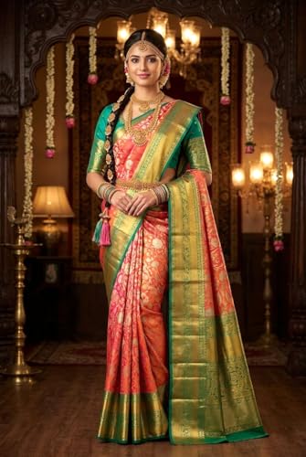 VFCollections Women's Traditional Handloom Kanchipuram Silk Pure Pattu Sarees | Rich Zari Woven Design | Bridal Saree | Unstitched Blouse (VFC647-4)