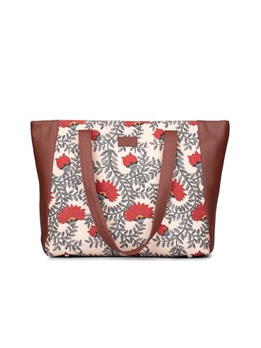 ZOUK Nawabi Couture Floral Printed Women Jute Vegan Leather Red & Beige Side Tote Bag For Ladies With Double Handle