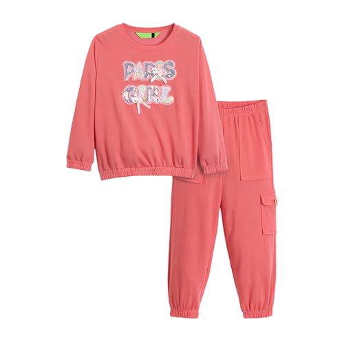 Hopscotch Girls Peach Full Sleeves 2-Pc Sequin Embellished Jogger Set For Age (4-5 Years)