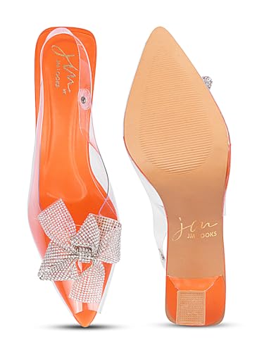 JM LOOKS Women Stylish Fashionable Party Heel Kitten Heel Sandal Embellished Heel Pointed Toe Back Strap for Wedding Party Evening Prom - Orange