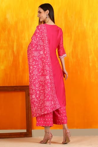 W for Woman Pink Embroidered Chanderi Panelled Kurta, Cropped Pants and Dupatta Set (Size: M)-WS12729-223576