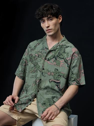 The Souled Store Avengers: Comics Men and Boys Short Sleeves Collared Neck Button Front Green All Over Printed Viscose Oversized Shirts