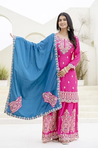 Leeli Peeri Designer Women's Chinon Silk Coding Sequence Embroidery Kurta Sharara Set With Dupatta