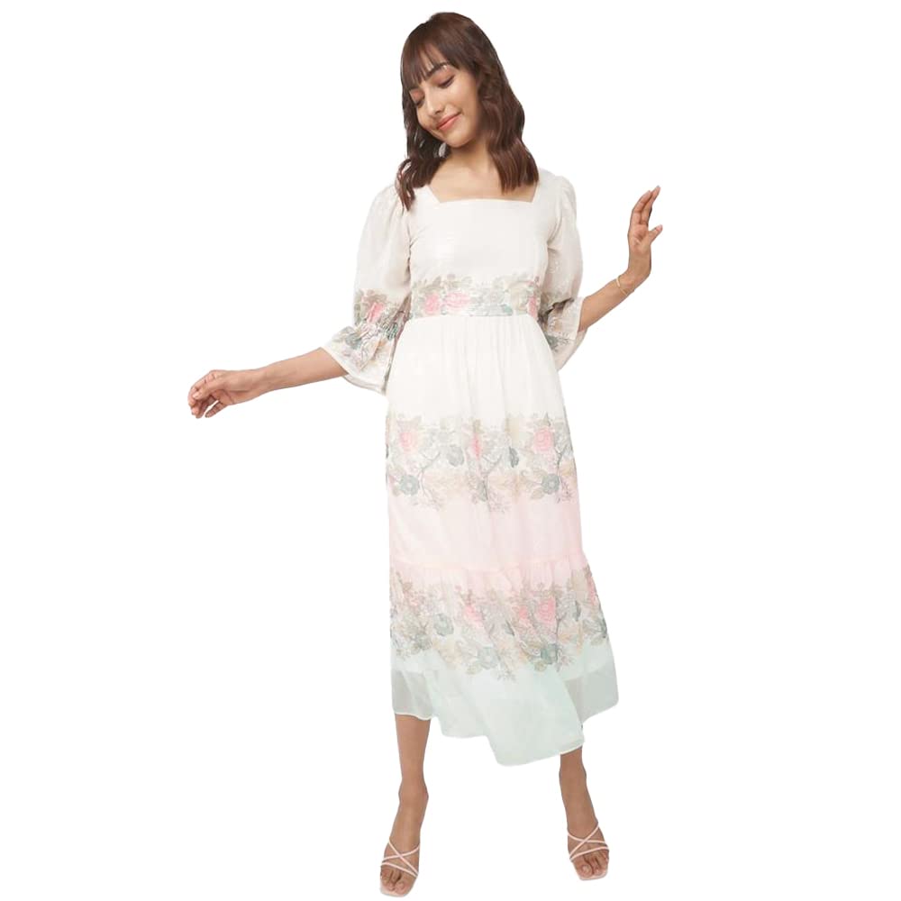 AND Floral Polyester Square Neck Womens Maxi Dress (Cream, 10)