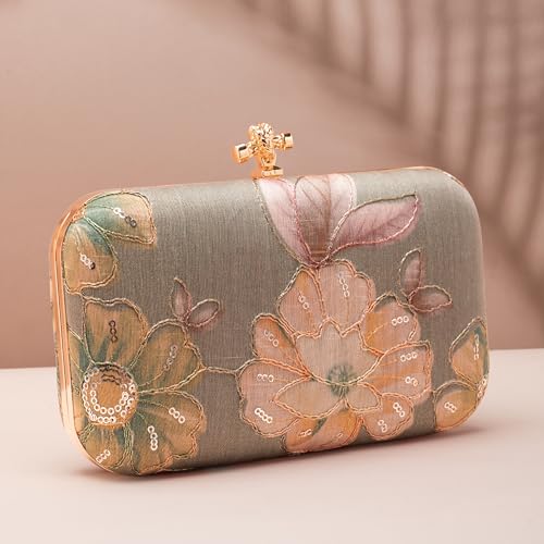Artklim Pastel Grey Floral Printed Fabric Clutch Bag for Women