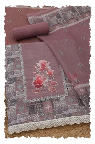 Soch Womens Onion Pink Linen Floral Printed Kantha Embroidered Dress Material With Sequin