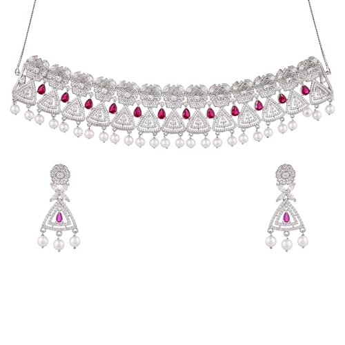 VOYLLA Cz Elegance Gems Adorned Choker Necklace Set For Women|Womens Jewellery Set|Gift For Women|Womens Gift|Gift For Her|