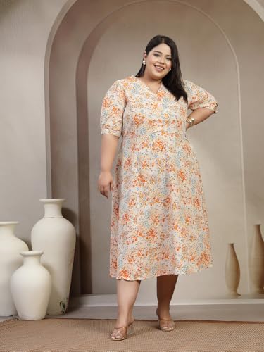 Women Plus Size Floral Print Fit & Flare Midi Dress (LDR24015-MULTIPRINT-7XL)