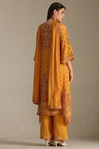 Soch Womens Mustard Crepe Floral Print Suit Set With Stone Work
