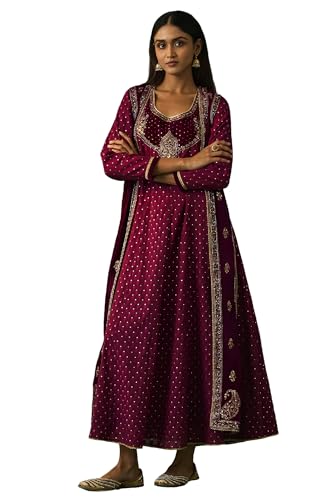 Wishful Women's Maroon Embroidered Anarkali Gilet with Dress and Churidar Set - (SP12855-218120-XXL)