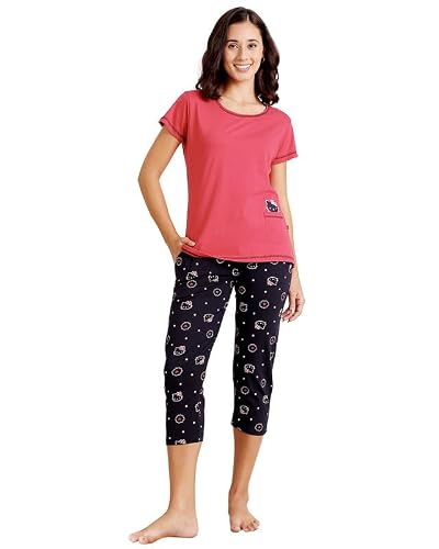 BODYCARE Women's Cotton Printed T-Shirt and Capri Set | Soft & Breathable Nightwear | Short Sleeves | Loungewear Co-Ord Set| BSCS16020_100 Multicolour
