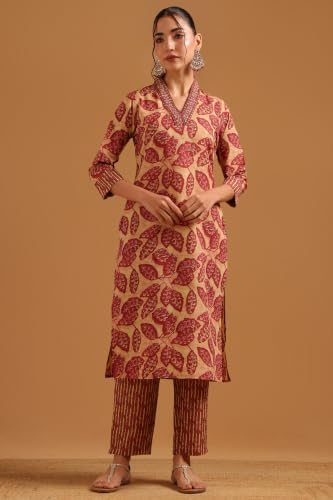 Soch Womens Peach Cotton Digital Print Botanical Block Print Salwar Suit