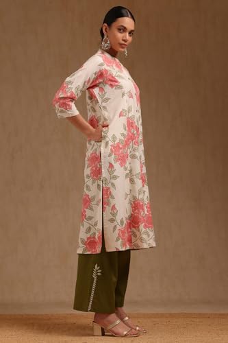 Soch Womens Pink Pure Cotton Floral Print Kurta with Thread Work