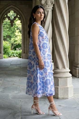 W for Woman Blue Floral Printed Sleeveless Chiffon A-line Dress - (W13500-126862-XL)