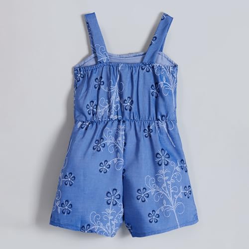 Hopscotch Girls Sleeveless Blue Floral Denim Playsuit For Ages (3-6 Months)