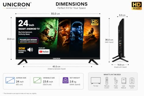 UNICRON 24”INCH Frameless HD Ready Android Smart LED TV | WiFi Enabled | Built-in Apps Compatible (YouTube, Netflix, Prime Video) | Screencast | HDMI, USB Connectivity | Black Screen
