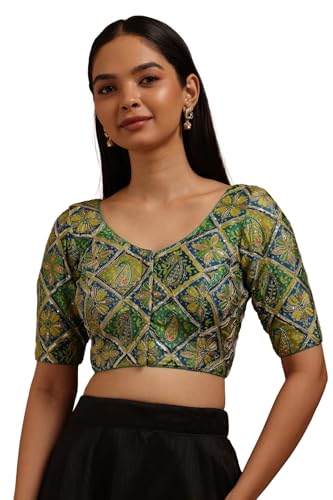 Soch Womens Green Satin Ethnic Motif Padded Blouse with Sequins