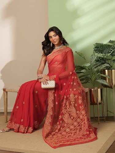 Ada Hand Embroidered Lucknowi Chikankari Georgette with Unstitched Blouse Piece for Women A311193 Red