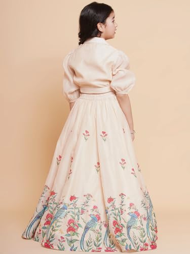 Bitiya by Bhama Girls Beige Peacock Printed Ready to wear Lehenga with Choli