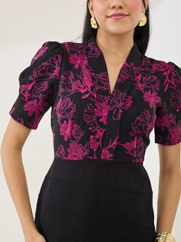Latin Quarters Women's Black Printed Half Sleeves V-Neck Casual Bodycon Dress_M