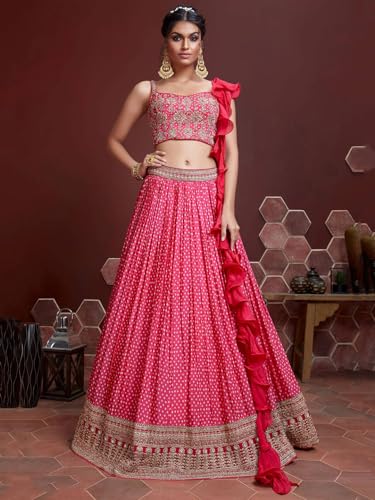 Zeel Clothing Women's Bandhani Print & Heavy Embroidery Silk New Semi Stitched Lehenga Choli With Dupatta (101-Pink-Wedding-Stylish-Lehenga-Choli; Free Size)