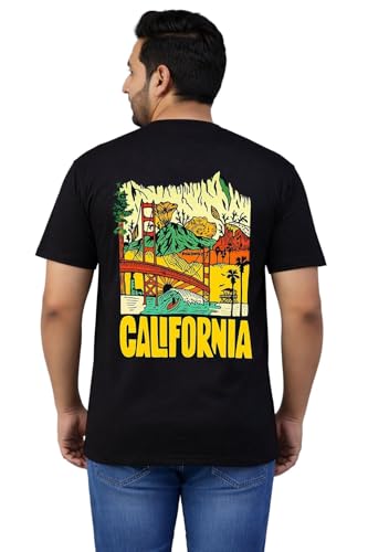 THE SOUTH STORE Men's Black Round Neck Half Sleeve Printed Plus Size T-Shirt | California