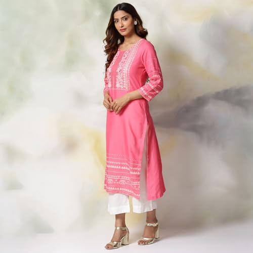 BIBA Women Pink Rayon Straight Kurta Palazzo Suit Set_46