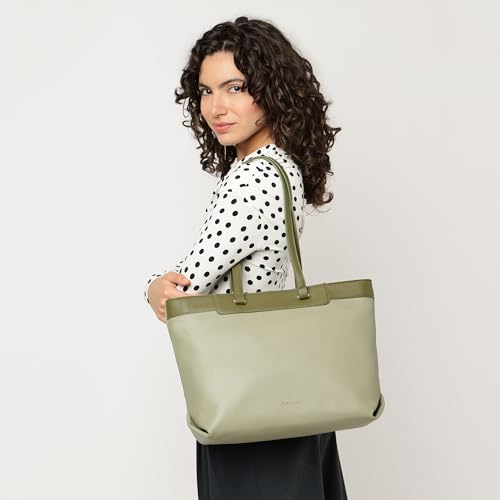 Fastrack Terra Olive Laptop Tote Bag | Faux Leather Tote with 14 Inch Laptop Sleeve | Spacious Zip Closure Handbag with Organizer Pocket & Dual Handles