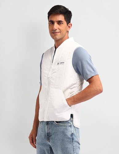 U.S. Polo Assn. Denim Co. Men's White Solid Collar Neck Sleeveless Casual Polyester Regular Fit Jacket (UDJCK1388_White_L)