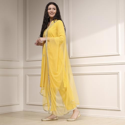 Biba Women's Yellow Cotton Straight Solid Suit Set