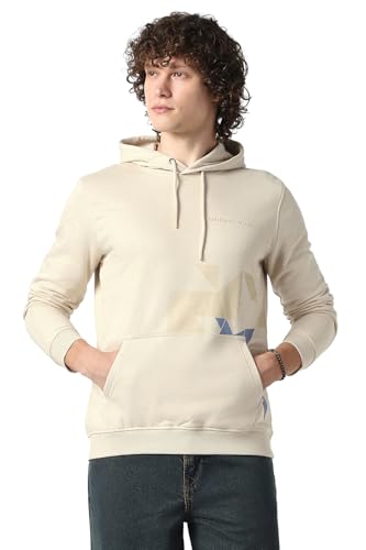 Men Beige Print Hooded Neck Sweatshirt