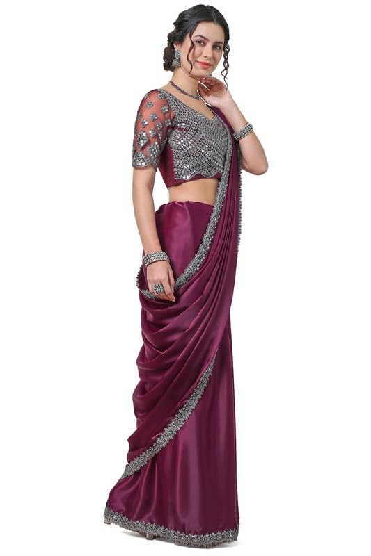 Soch Womens Wine Organza Saree with Embellished Lace Border