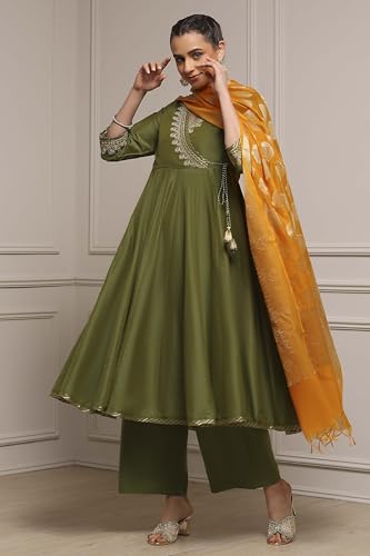 Biba Women Sage Green Polyester Blend Anarkali Embroidered Suit Set_36