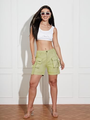 Miss Chase Women's Olive Flared High-Rise Regular-Length Stretchable Denim Shorts (MCAW25DEN62-73-187-26, Olive, 26)