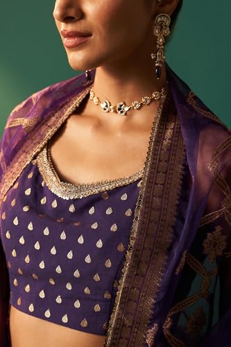 Wishful Women's Purple Zari Embroidered Jacquard Blouse with Flared Skirt and Dupatta Set (SP13158-314521-L)