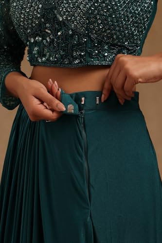 Soch Womens Teal Green Spandex Solid Ready To Wear Saree