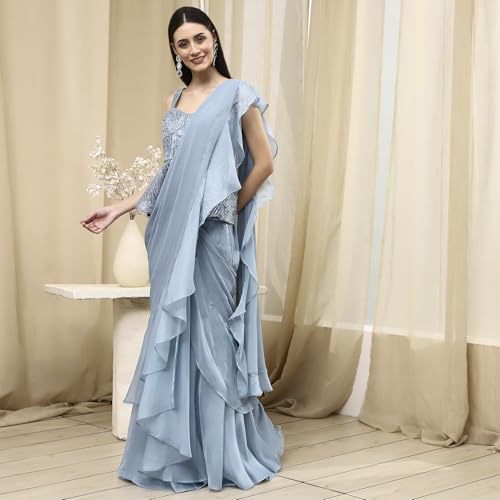 BIBA Women Ice Blue Peplum Pre-Draped Saree_30