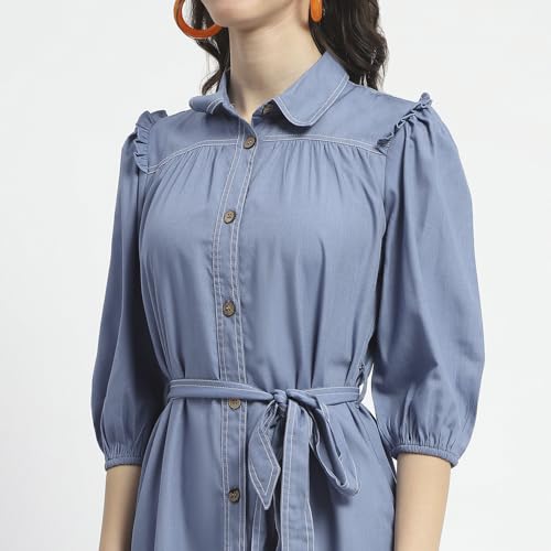 Madame Cotton Blend Belted Waist Blue Midi Shirt Dress for Women