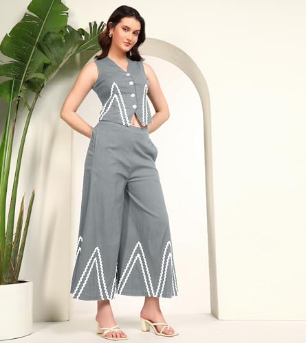 DEEBACO Women's Solid Lycra Ankle Length Waist Coat with Palazzo|V-Neck|Cord Set for Women Fashion|Long Jumpsuits Western Dress for Women Stylish|Two Piece Co ord Set|Casual Wear(DBCO00002276_XL_Grey)